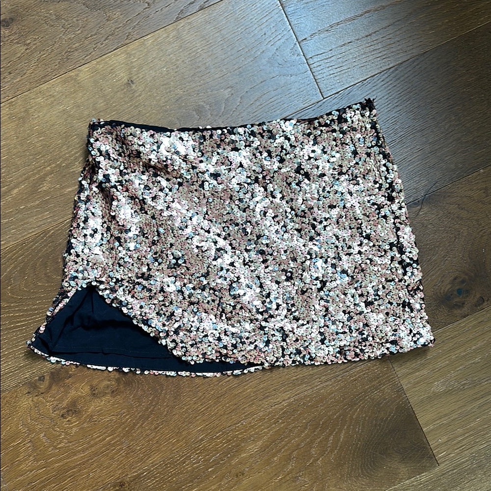 Free People: Sequin Mini Skirt - Black and Gold